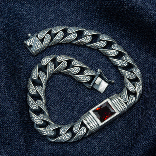 Men Handmade Engraved Red Ruby Gemstone Curb Chain Bracelet