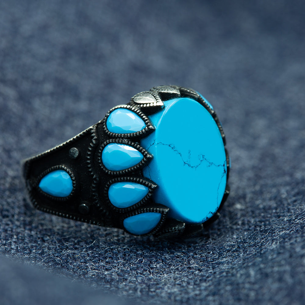 Men Handmade Tulip Figured Turquoise Ottoman Style Ring