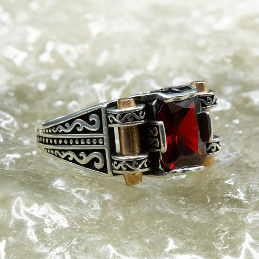Men Silver Minimal Red Garnet Gemstone Ring