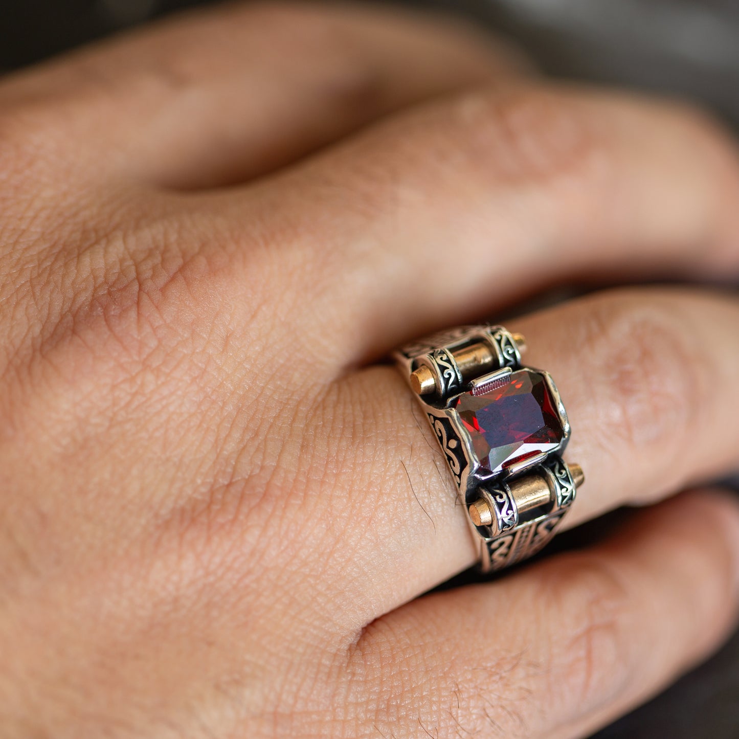 Men Silver Minimal Red Garnet Gemstone Ring