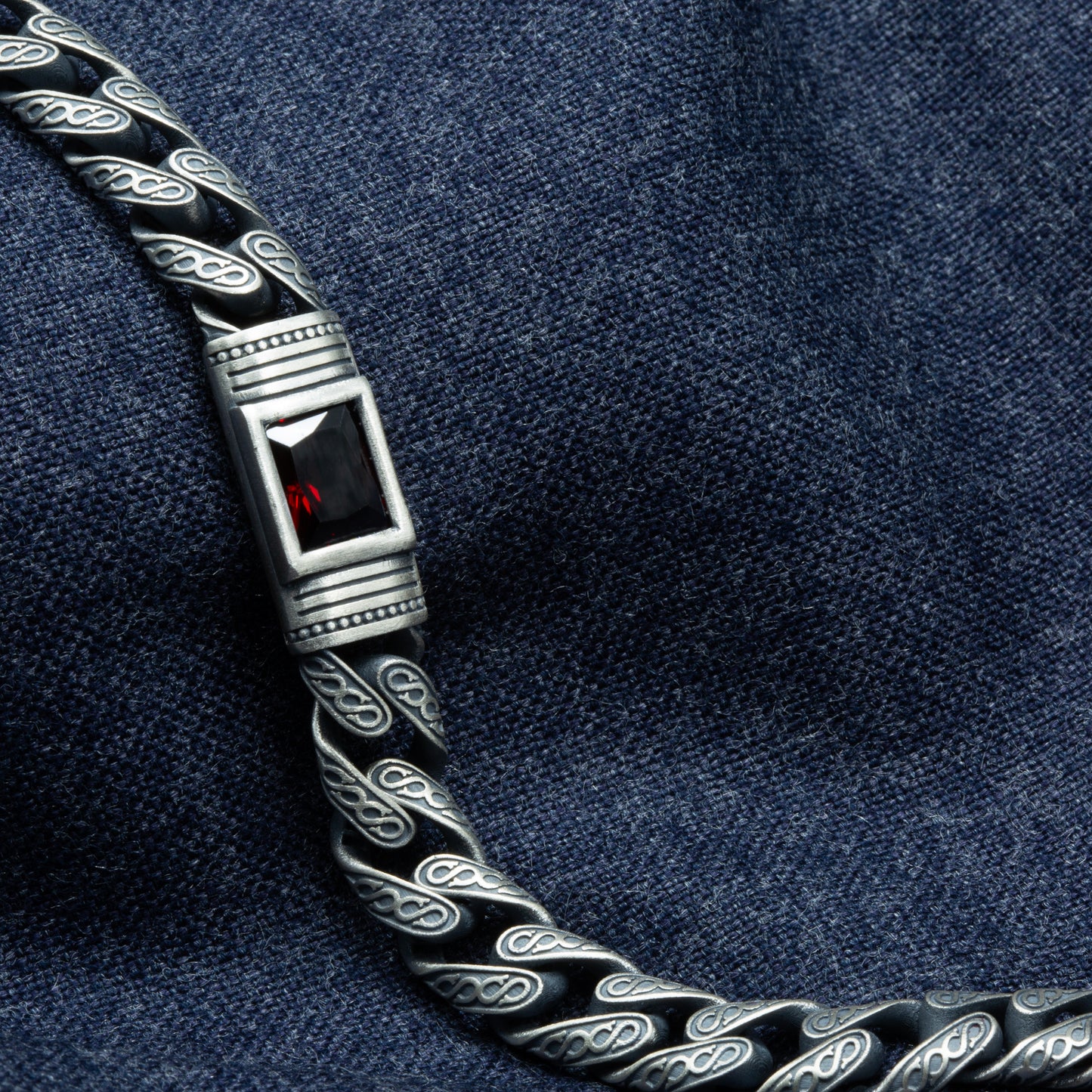 Men Handmade Engraved Red Ruby Gemstone Curb Chain Bracelet