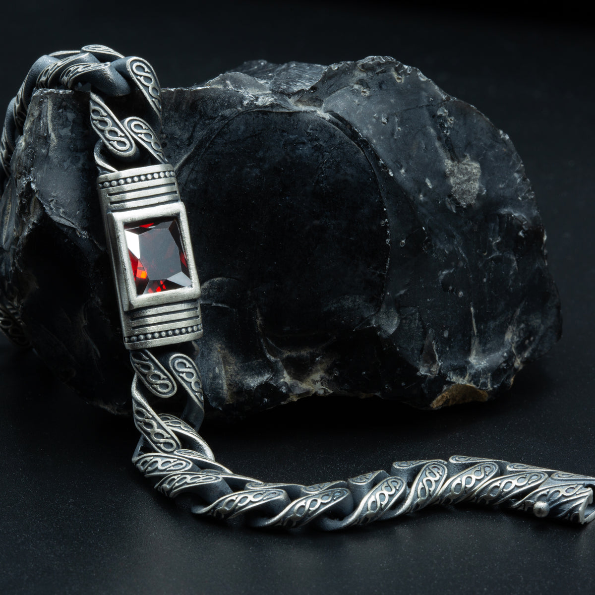 Men Handmade Engraved Red Ruby Gemstone Curb Chain Bracelet