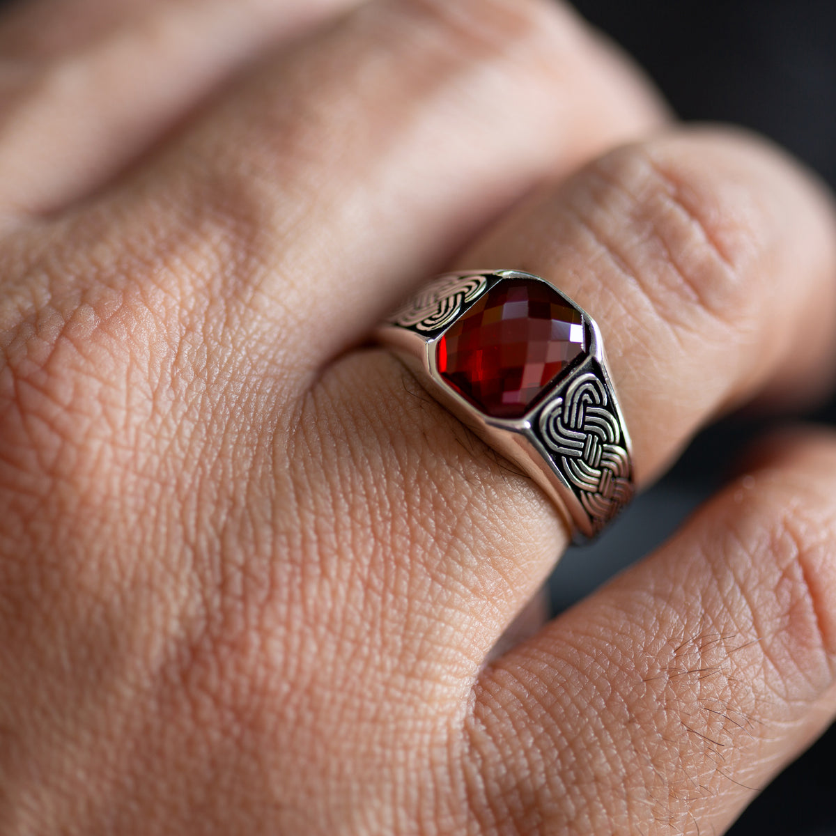 Men Silver Minimal Garnet Ruby Gemstone Ring