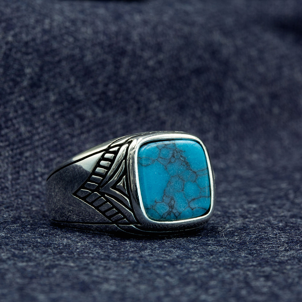 925 Sterling Silver Men Minimal Turquoise Signet Ring