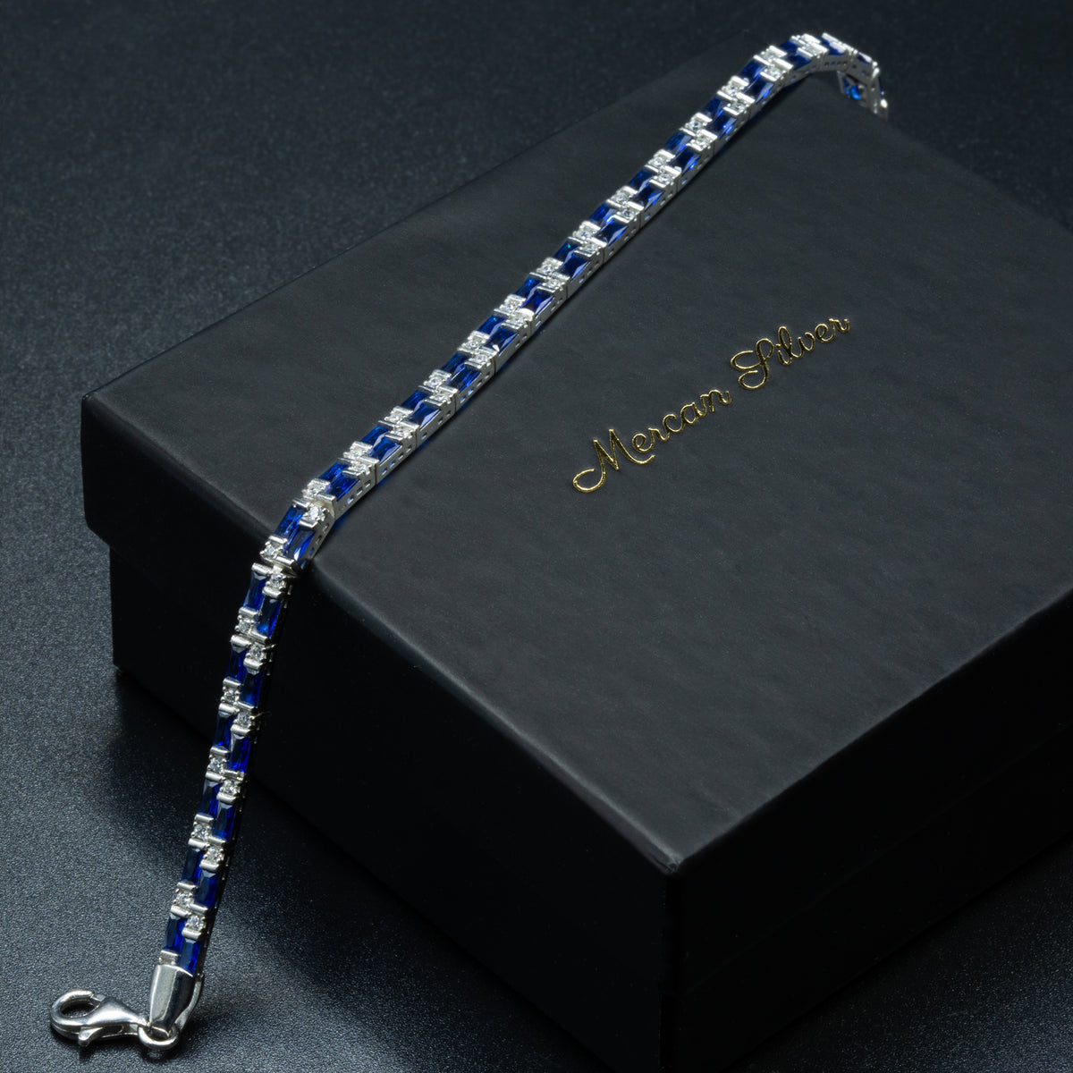 Luxuriöses, elegantes Herren-Tennisarmband aus 925er Sterlingsilber mit Saphir