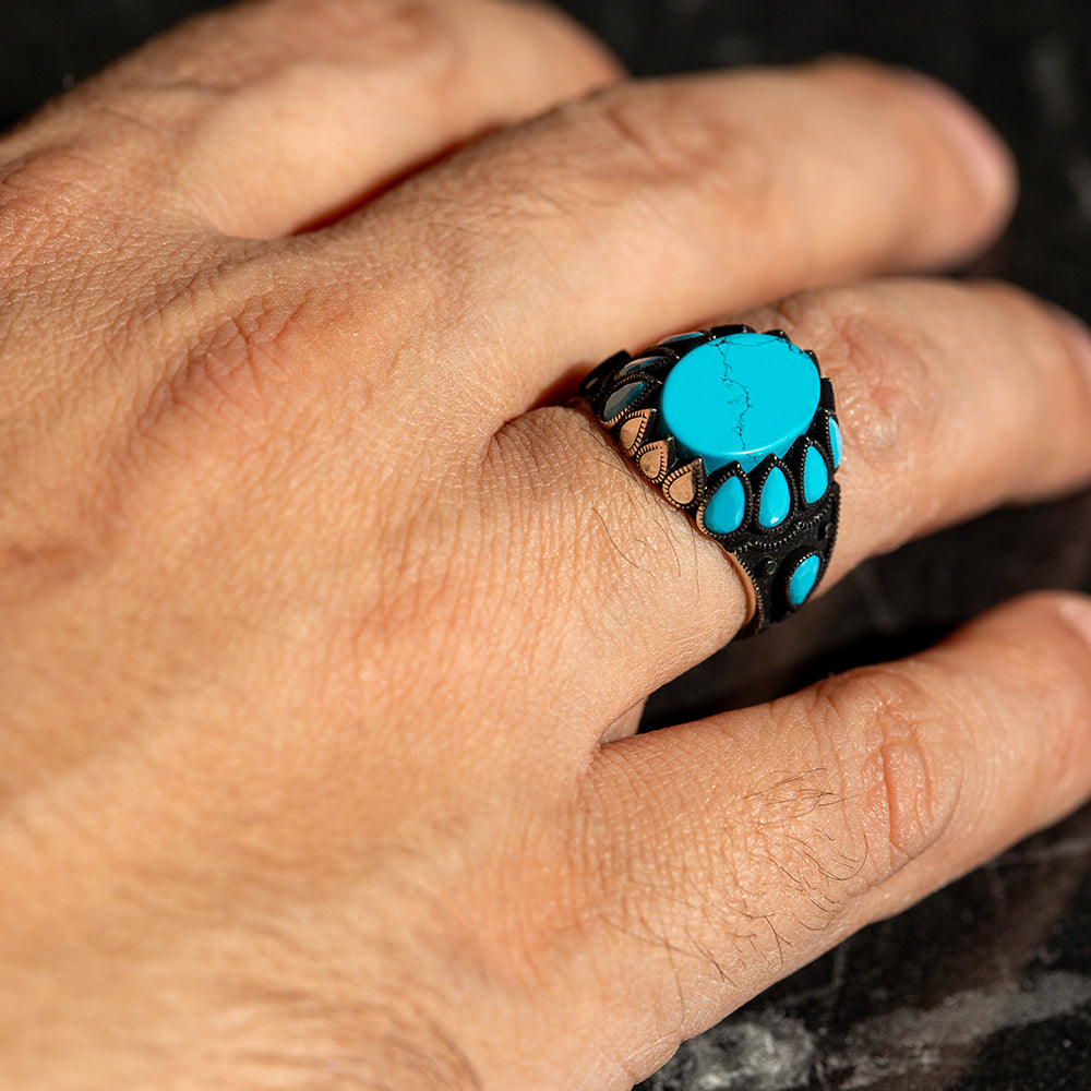 Men Handmade Tulip Figured Turquoise Ottoman Style Ring