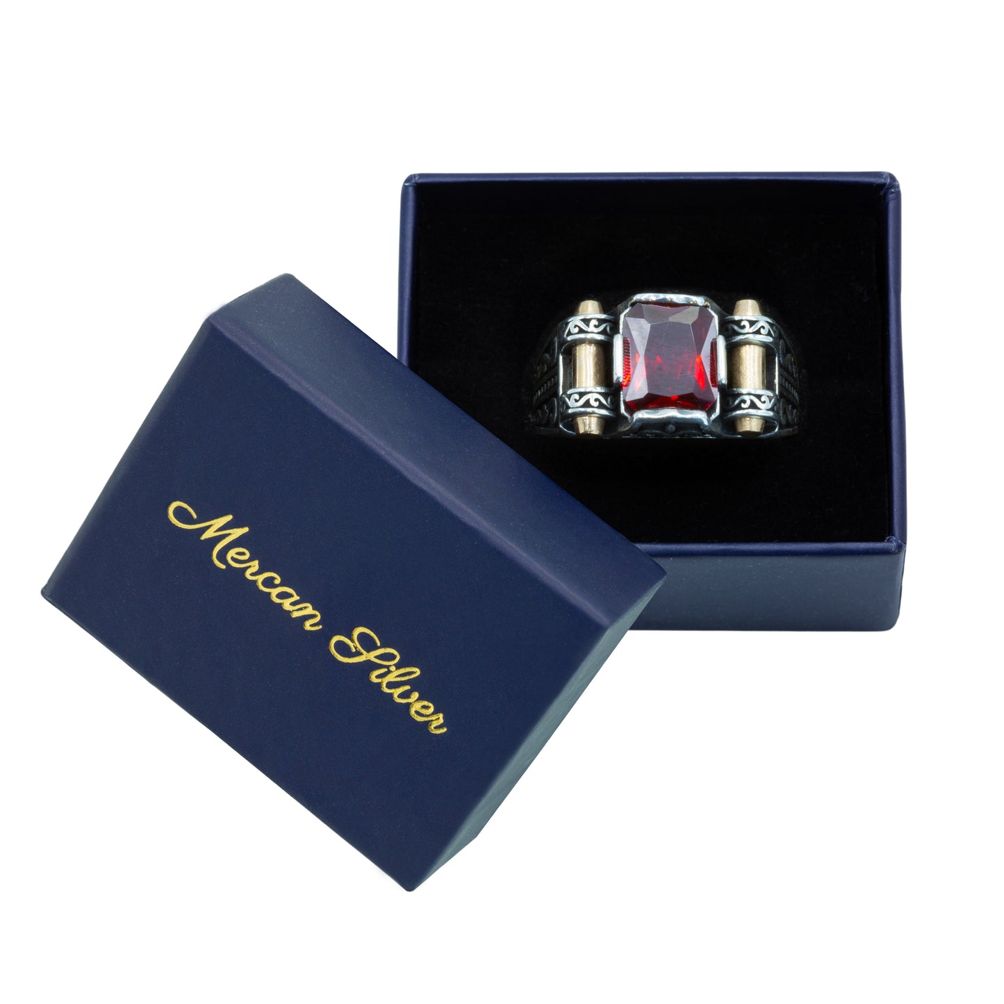 Men Silver Minimal Red Garnet Gemstone Ring