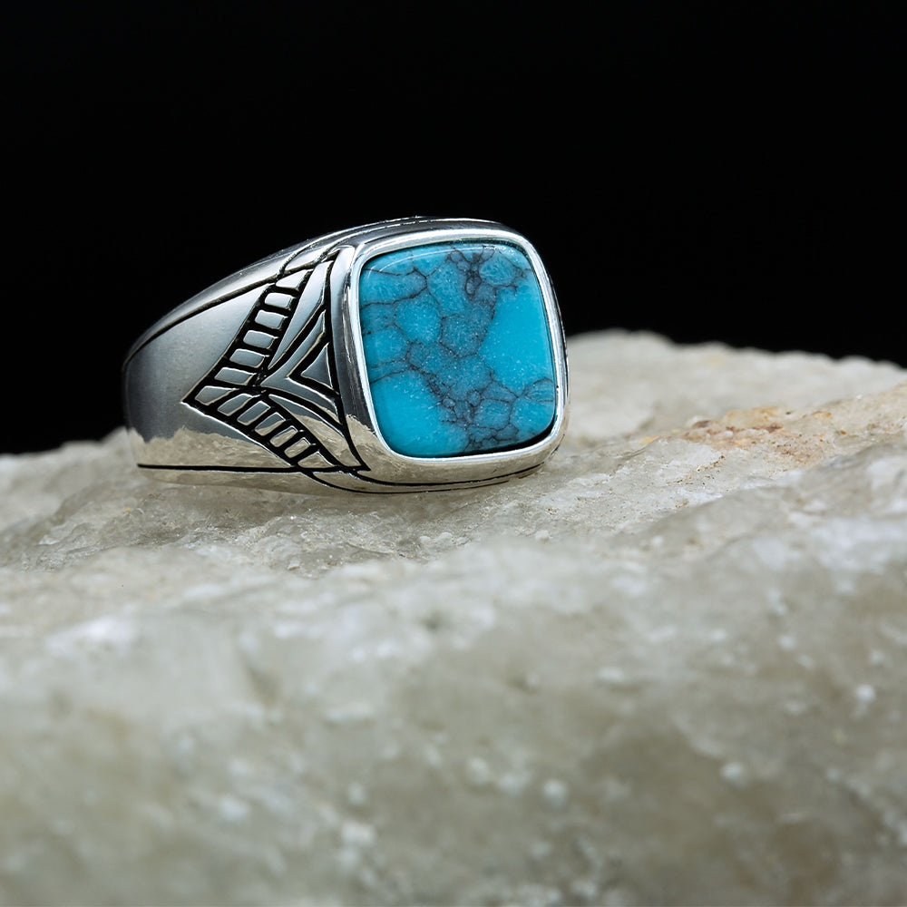 925 Sterling Silver Men Minimal Turquoise Signet Ring