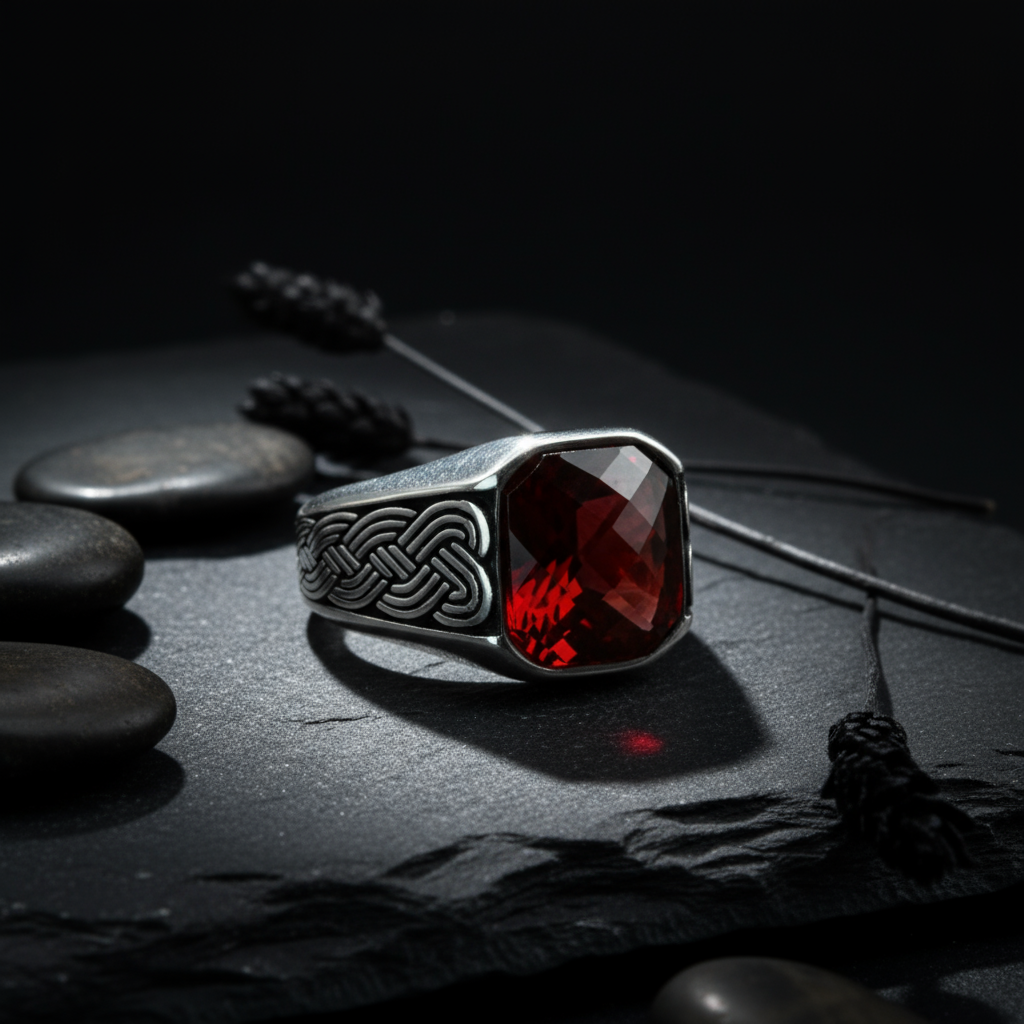 Men Silver Minimal Garnet Ruby Gemstone Ring