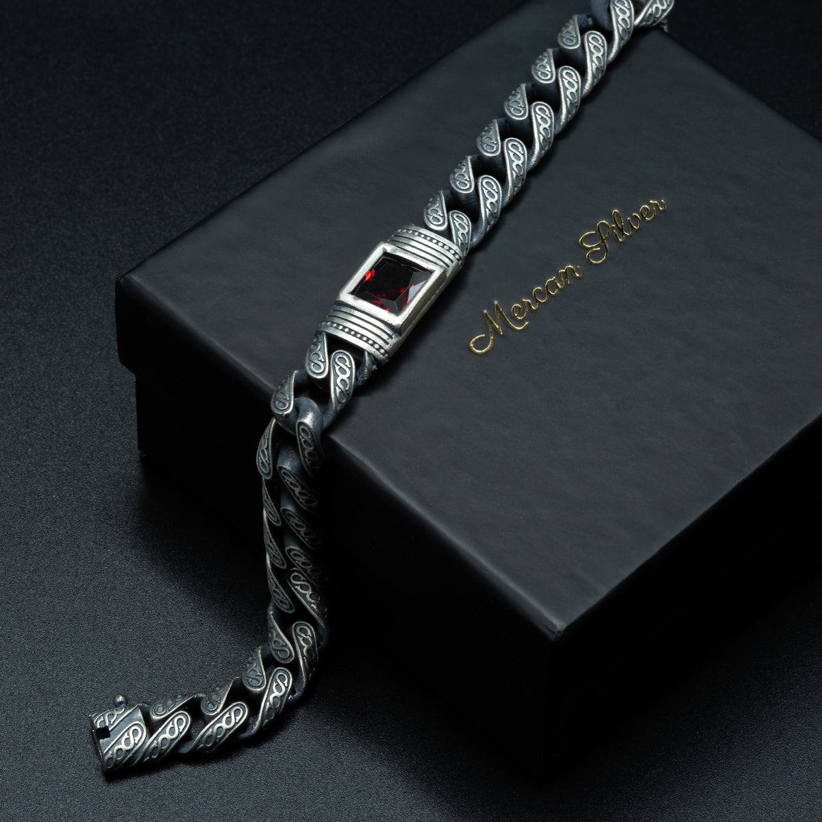 Men Handmade Engraved Red Ruby Gemstone Curb Chain Bracelet