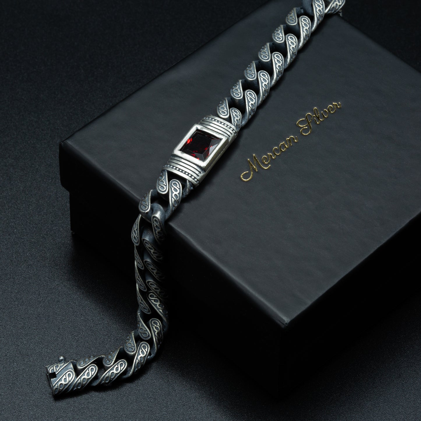 Men Handmade Engraved Red Ruby Gemstone Curb Chain Bracelet