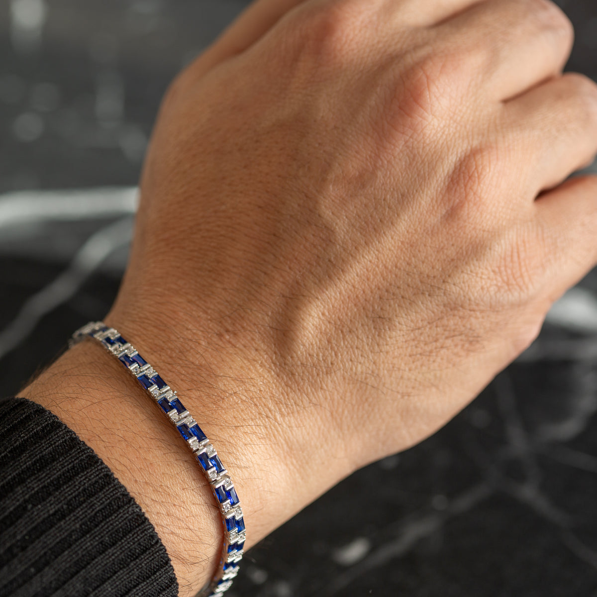 Luxuriöses, elegantes Herren-Tennisarmband aus 925er Sterlingsilber mit Saphir
