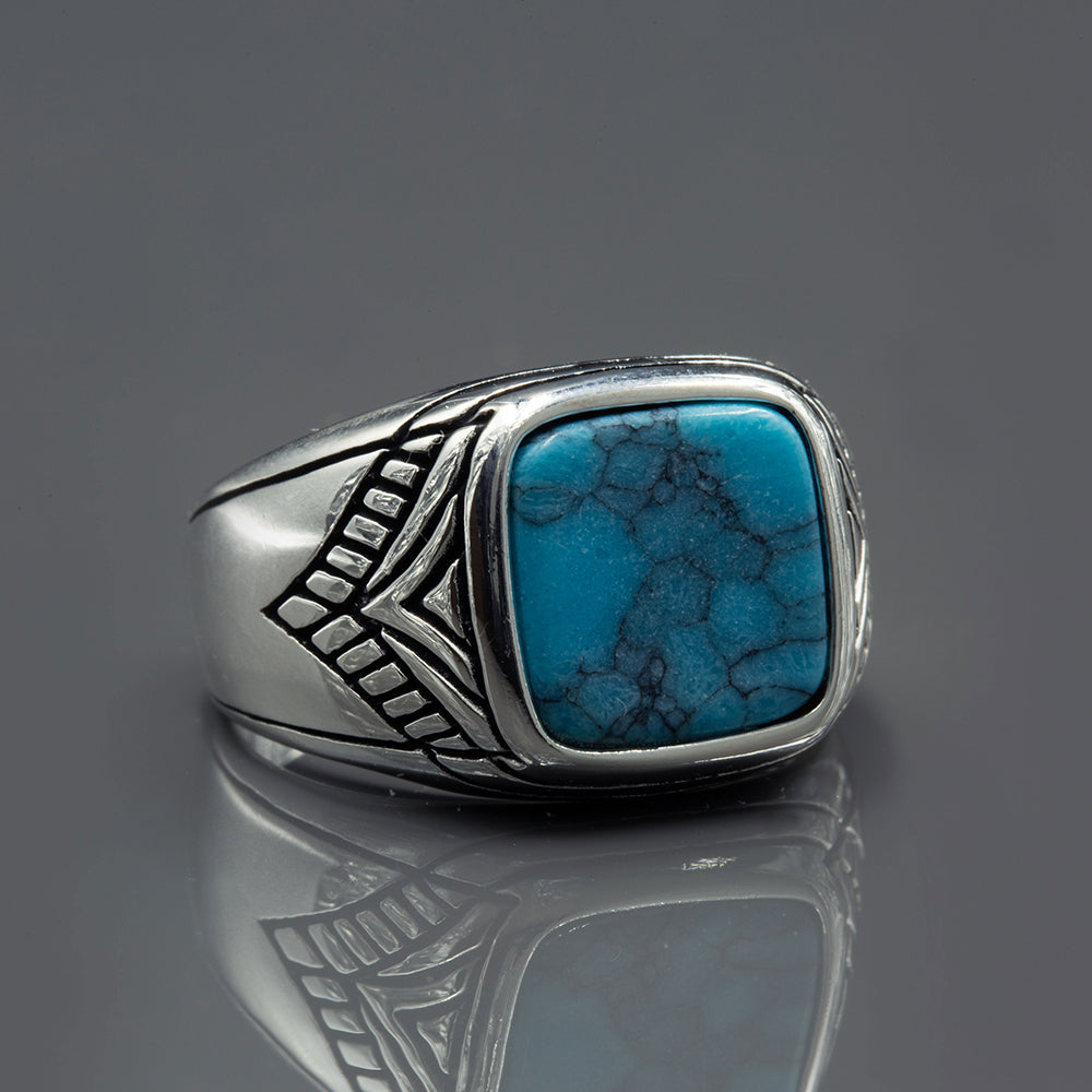 925 Sterling Silver Men Minimal Turquoise Signet Ring