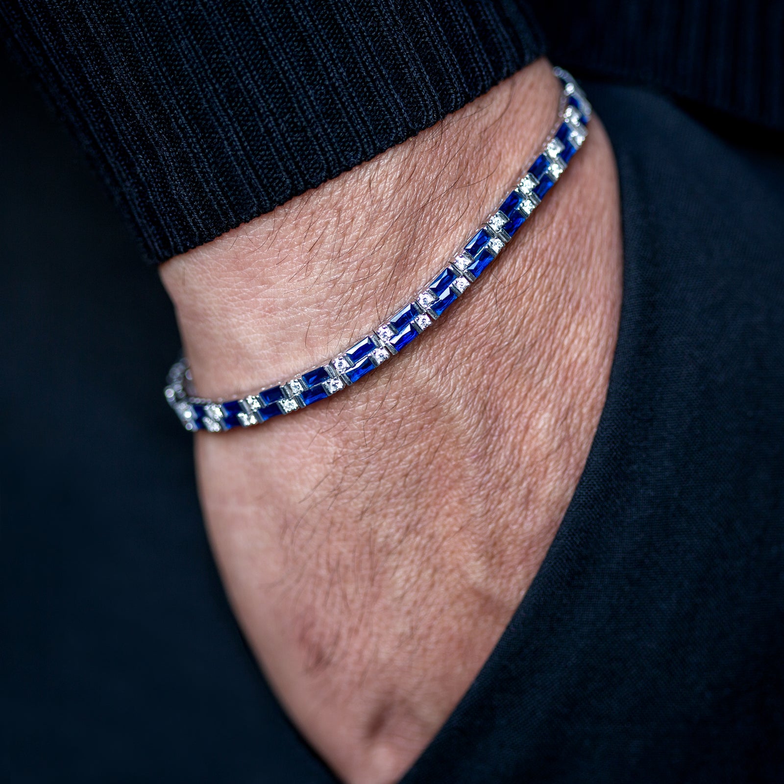 Luxuriöses, elegantes Herren-Tennisarmband aus 925er Sterlingsilber mit Saphir