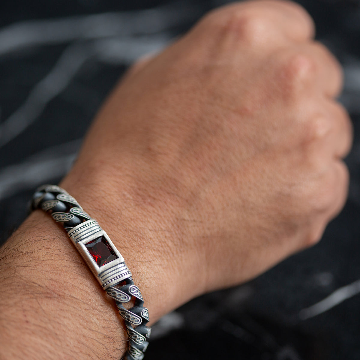 Men Handmade Engraved Red Ruby Gemstone Curb Chain Bracelet