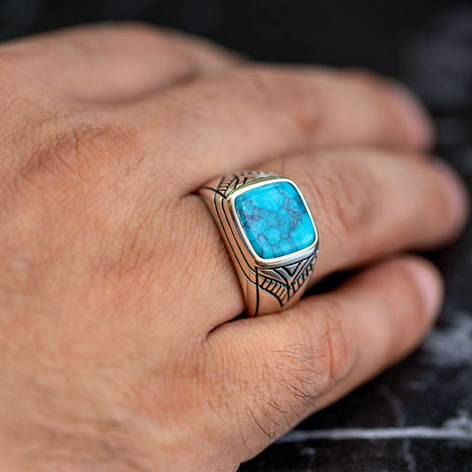 925 Sterling Silver Men Minimal Turquoise Signet Ring