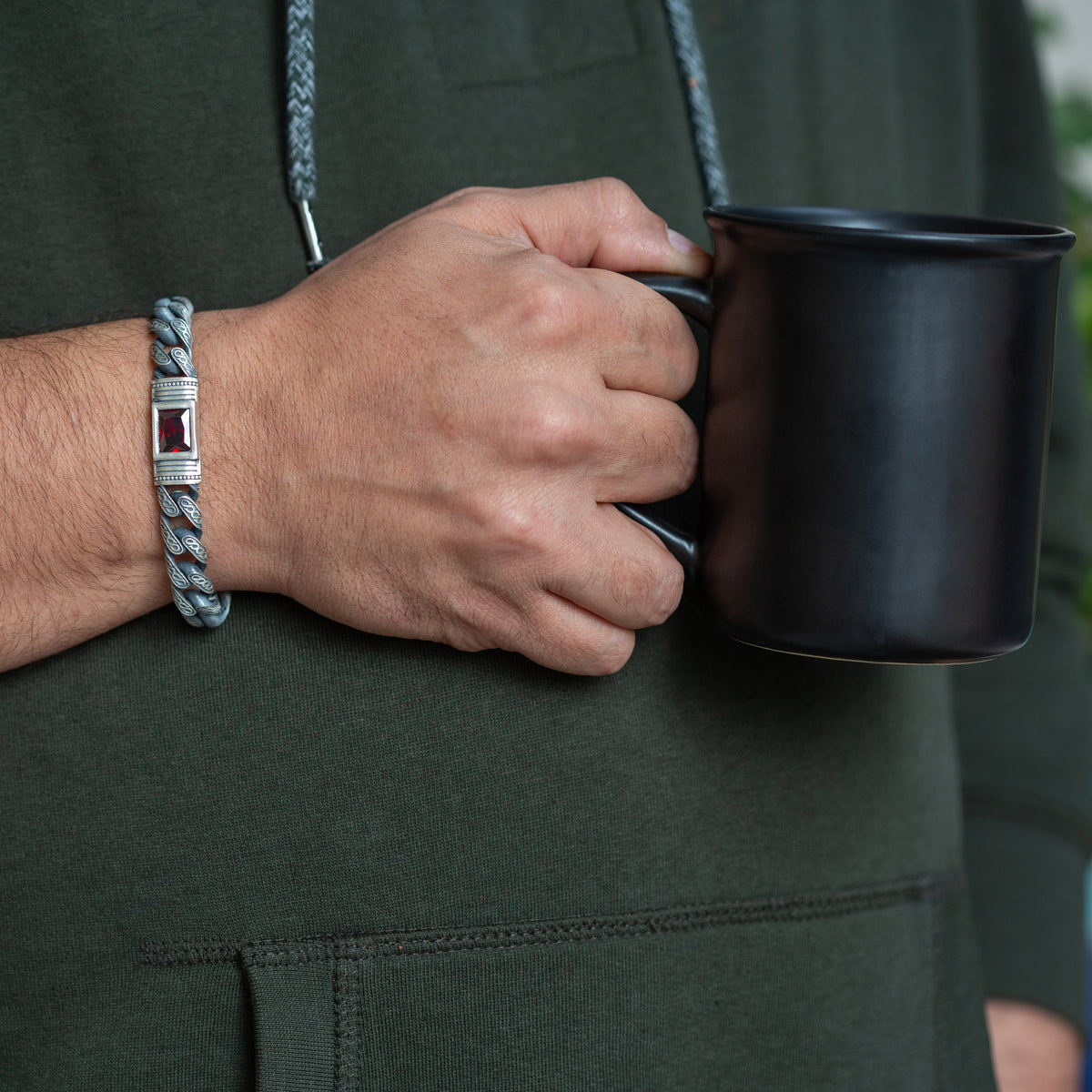 Men Handmade Engraved Red Ruby Gemstone Curb Chain Bracelet