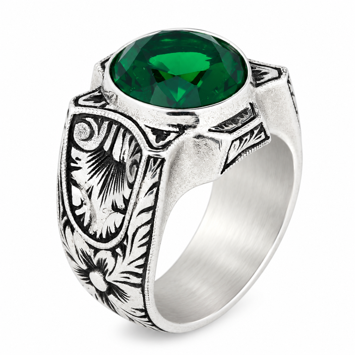 925 Sterling Silver Green Emerald Ring for Men – Handmade Vintage Style