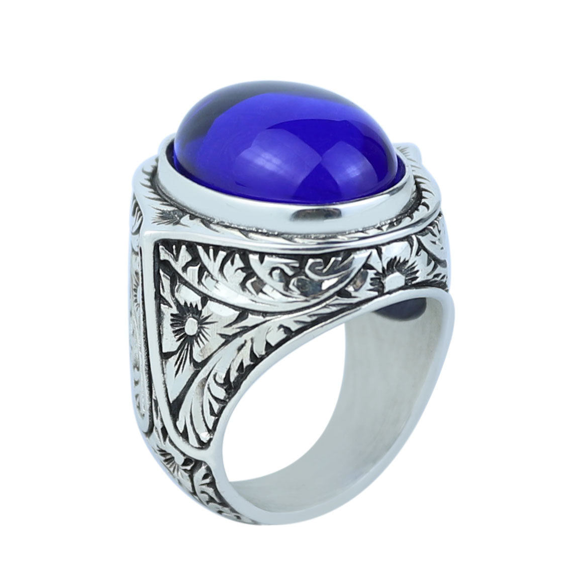 Men's Natural Sapphire Stone Ring, Oval Dark Sapphire Ring, Engraved Handmade Ring, Ottoman Style Ring, 925k Sterling Silver Handmade Ring