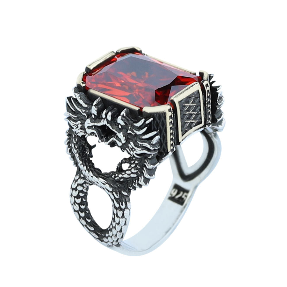 925 Silver Garnet Dragon Ring, Gothic Silver Dragon Ring, Ruby Red Unique Ring, 925k Sterling Silver , Gift For Him
