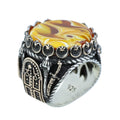 925K Sterling Silver Mens Handmade Ring, Turkish Sword Figured Natural Amber Stone Ring