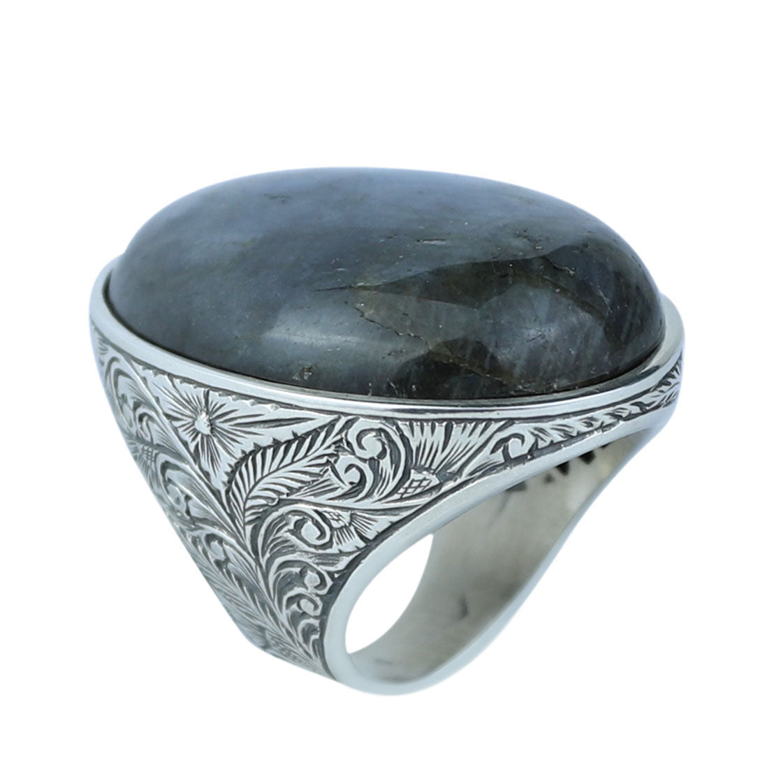 925 Silver Engraved Labradorite Men Ring, Large Turkish Gemstone Ring, Hand-Engraved Men Ring, Turkish Handmade Silver Ring