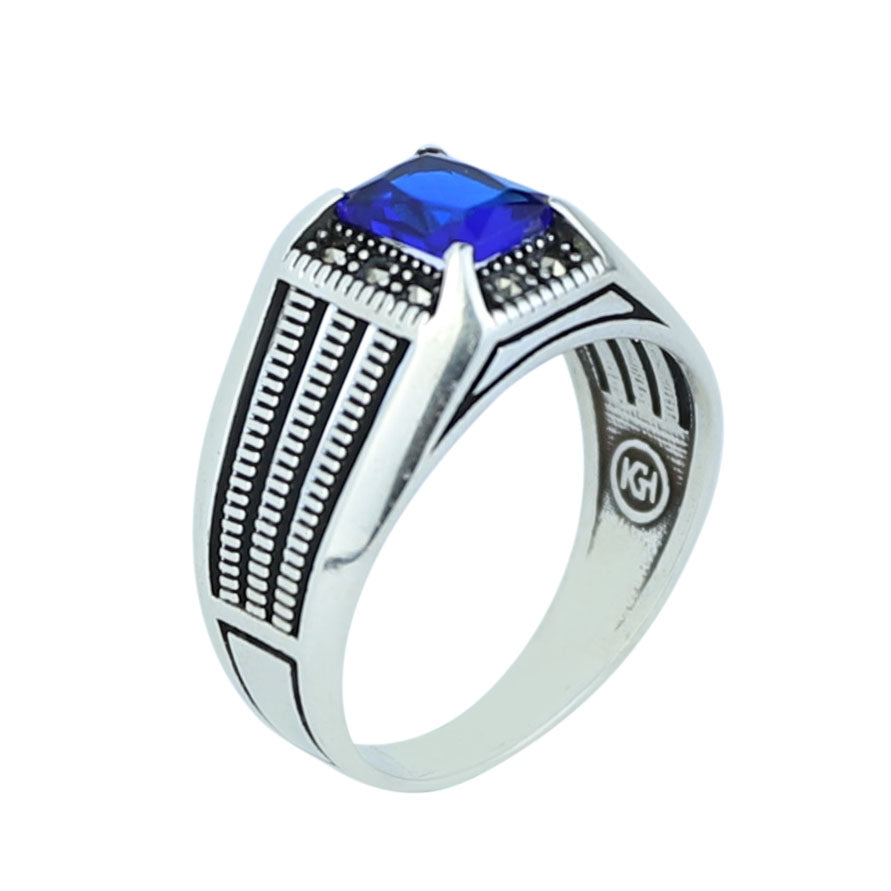 925 Silver Men's Sapphire Stone Ring, Engraved Minimal Blue Square Ring, Turkısh Handmade Ring, Ottoman Style Ring