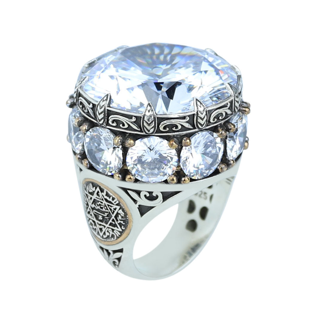 925 Sterling Silver White Diamond Gemstone Solomon Signet Ring, King Solomon Signet Large Ring, 925 Sterling Silver