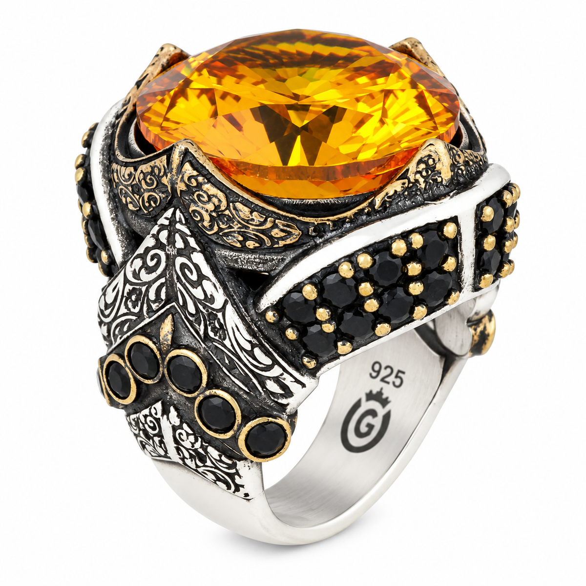 925 Sterling Silver Citrine Ring for Men – Vintage Turkish Style