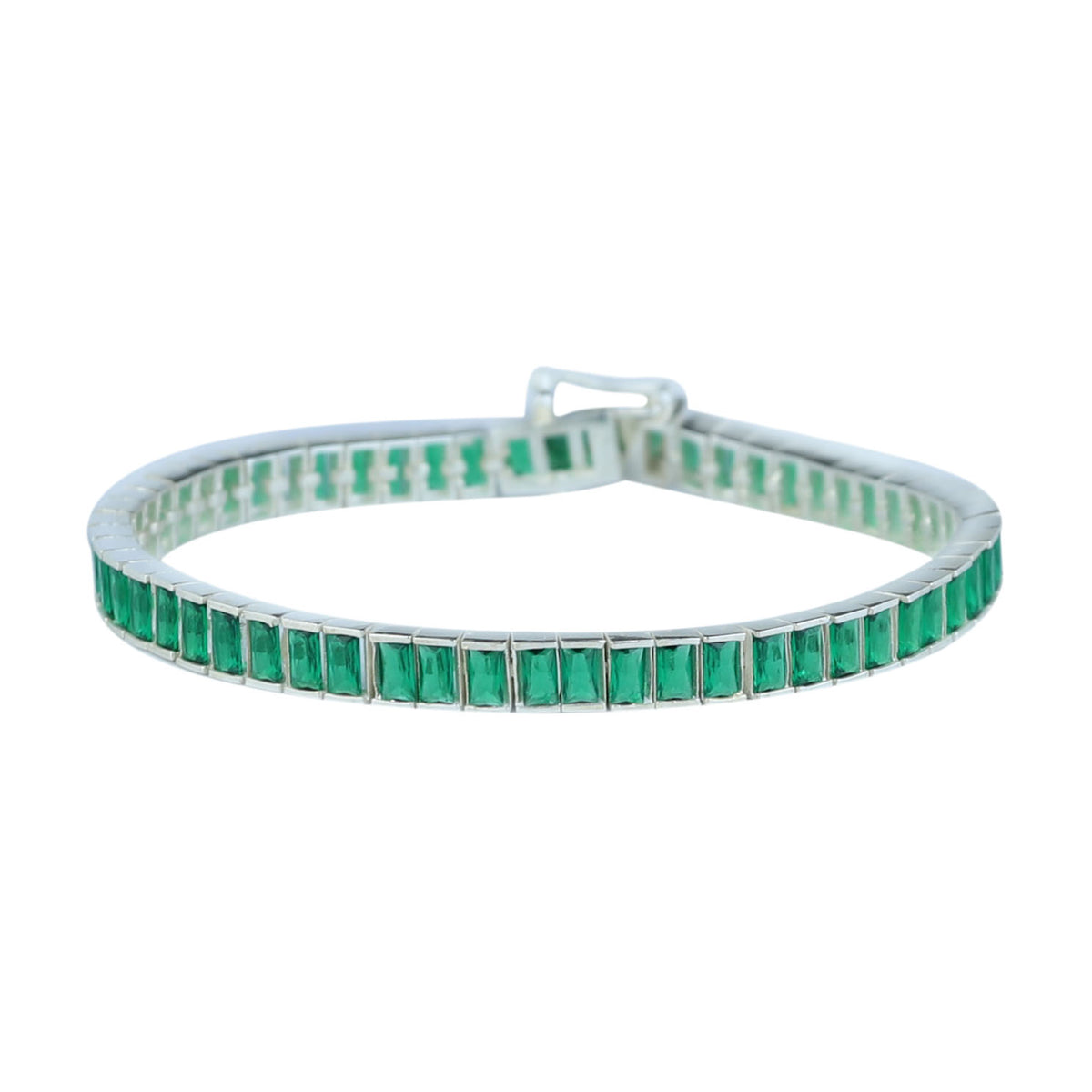 925 Silver Unisex Emerald Tennis Bracelet, Baguette Cut Green Link Tennis Bracelet, Luxury Tennis Bracelet