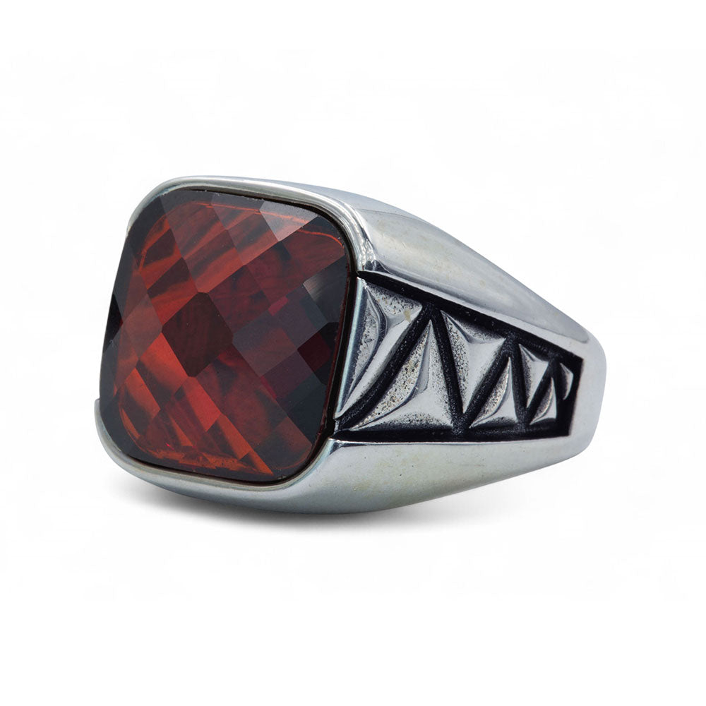 Anillo de piedra preciosa de granate cuadrado hecho a mano para hombre