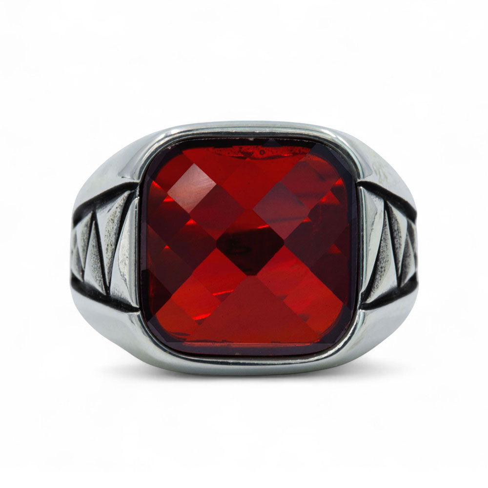 Anillo de piedra preciosa de granate cuadrado hecho a mano para hombre