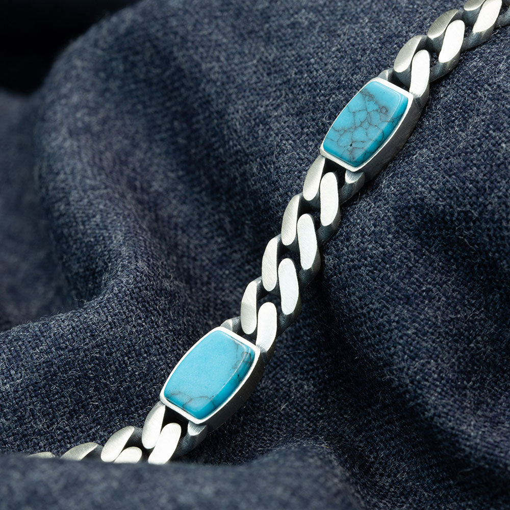 Men Silver Turquoise Curb Chain Bracelet