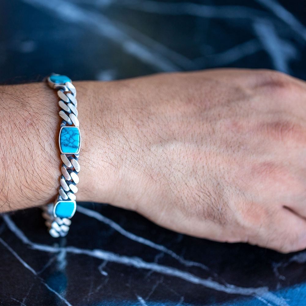 Men Silver Turquoise Curb Chain Bracelet