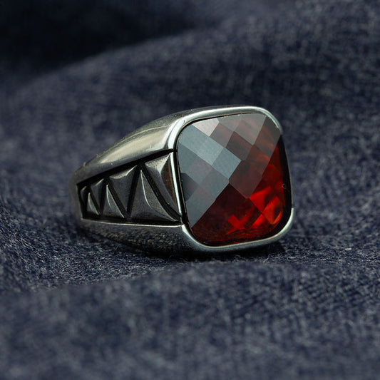 Men Handmade Square Garnet Gemstone Ring