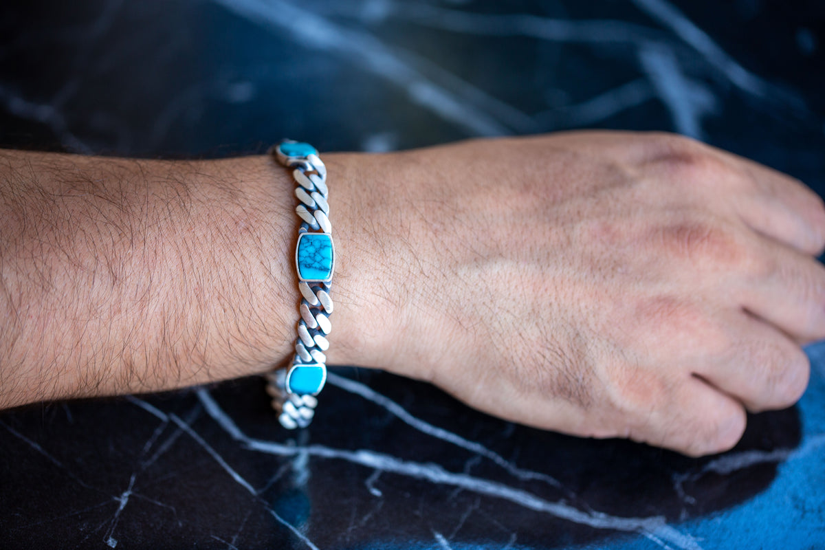 Herren-Armband aus Silber und Türkis mit Panzerkette