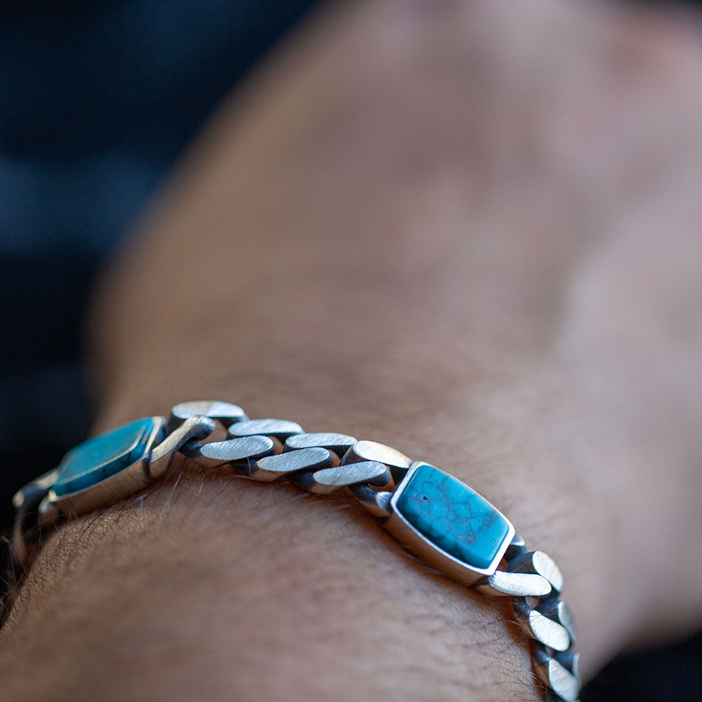 Herren-Armband aus Silber und Türkis mit Panzerkette