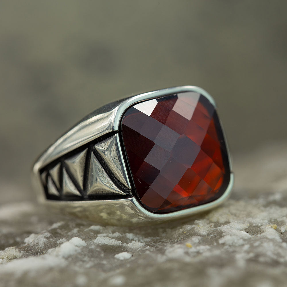 Men Handmade Square Garnet Gemstone Ring