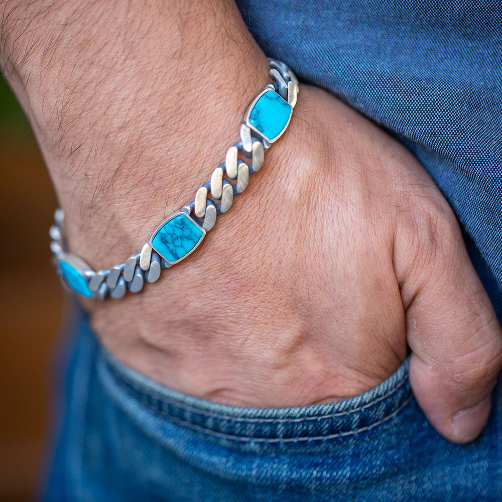 Men Silver Turquoise Curb Chain Bracelet