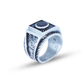 Men Silver Engraved Black Onyx Gemstone Signet Ring