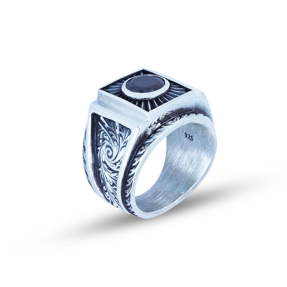 Men Silver Engraved Black Onyx Gemstone Signet Ring
