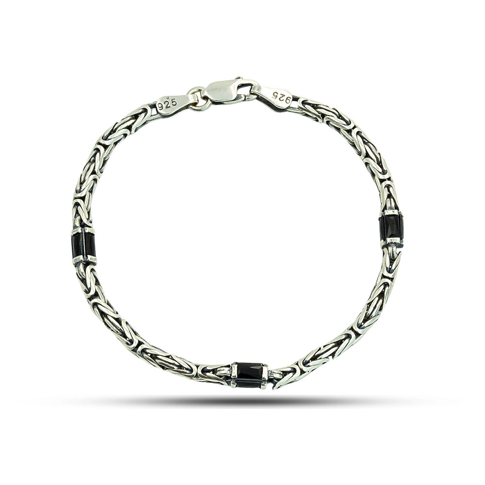 925 Sterling Silver Black Onyx King Chain Byzantine Bracelet