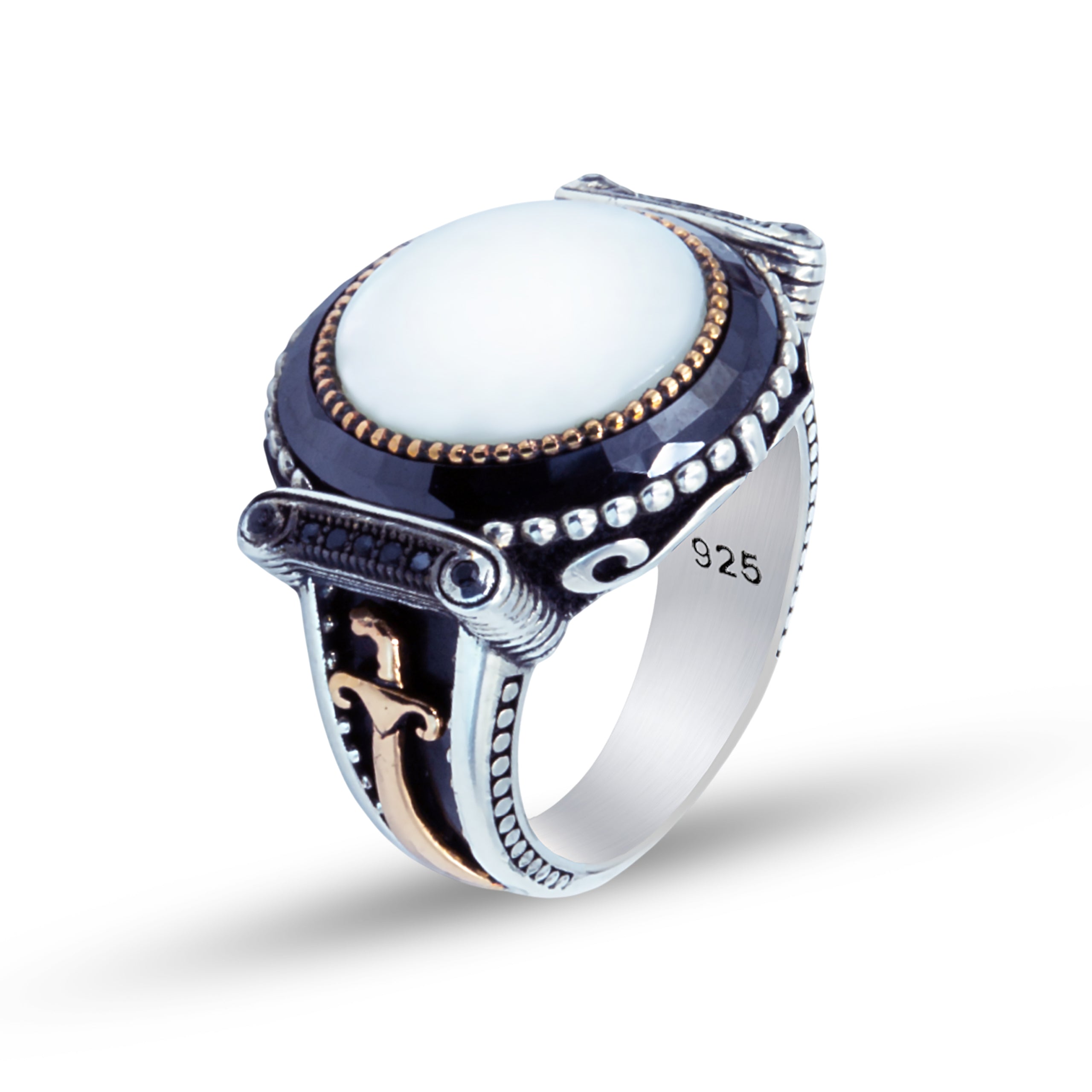 Ring aus 925er Silber mit Perlmutt-Edelstein und Schwertmuster