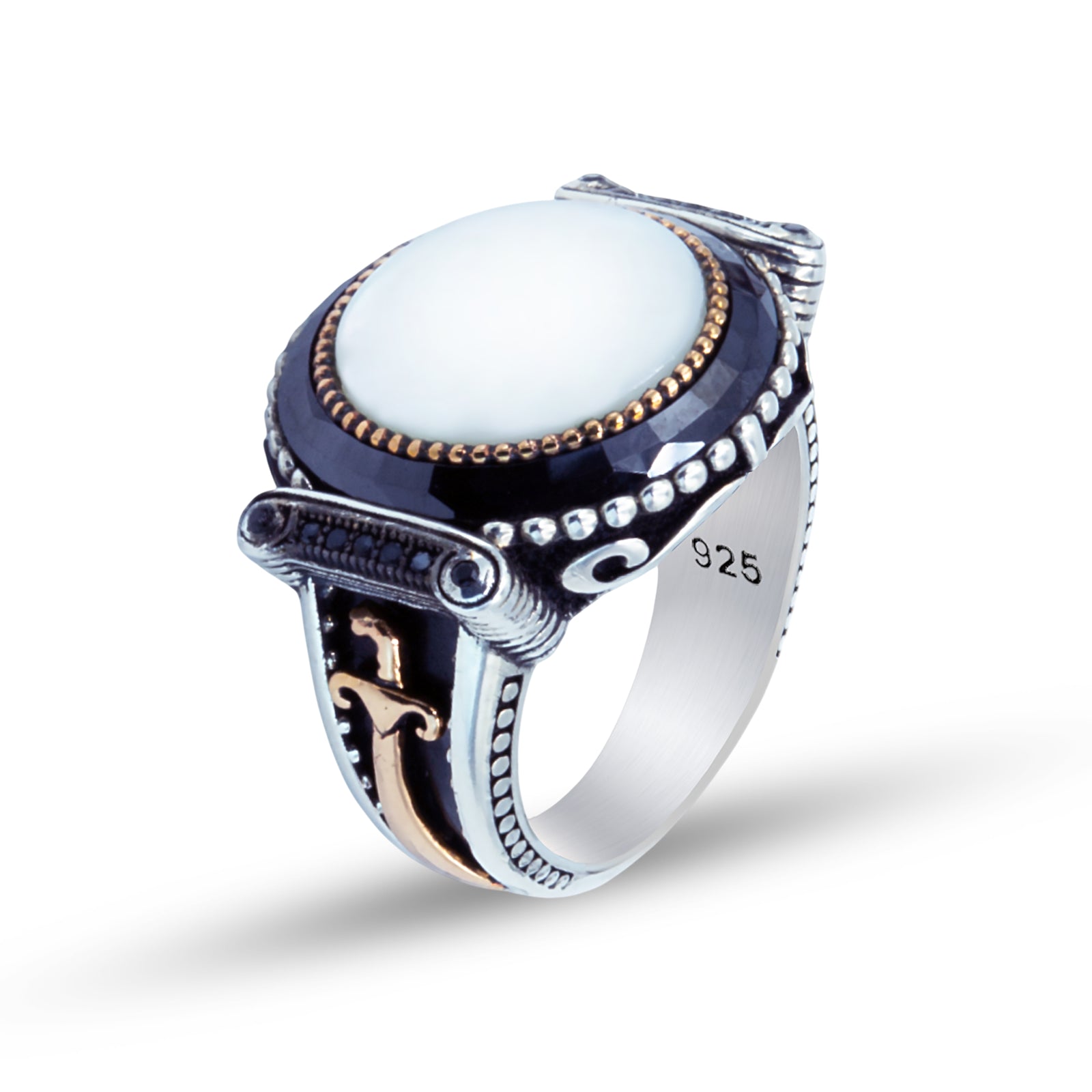 Anillo de plata 925 con diseño de espada y piedra preciosa de nácar