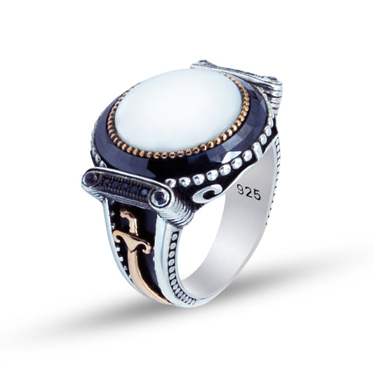 925 Silver Mother Of Pearl Gemstone Sword Pattern Ring