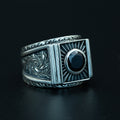Men Silver Engraved Black Onyx Gemstone Signet Ring