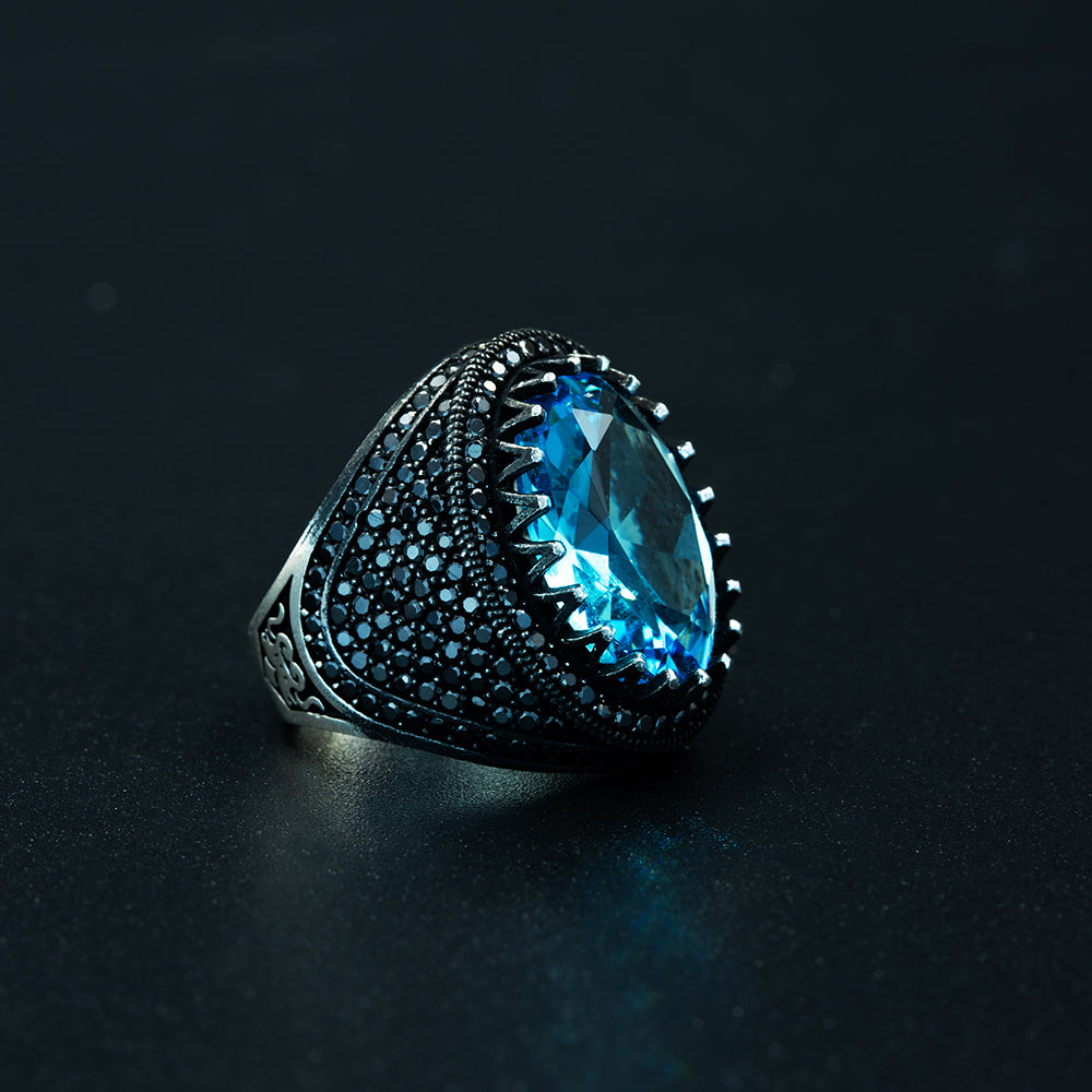925 Silver Men Oval Blue Aquamarine Gemstone Ring