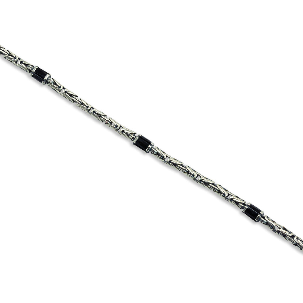 925 Sterling Silver Black Onyx King Chain Byzantine Bracelet