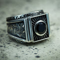 Men Silver Engraved Black Onyx Gemstone Signet Ring