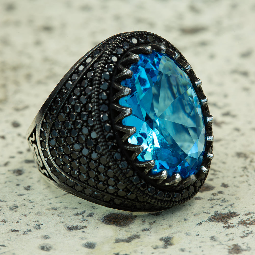 925 Silver Men Oval Blue Aquamarine Gemstone Ring